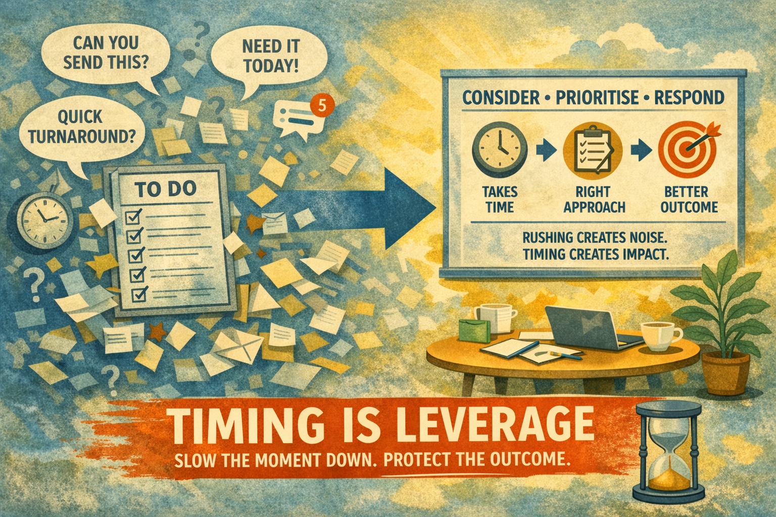 Timing is leverage illustration showing a messy “quick turnaround” to-do scene shifting to a clear plan and target outcome, with the caption “Slow the moment down. Protect the outcome.