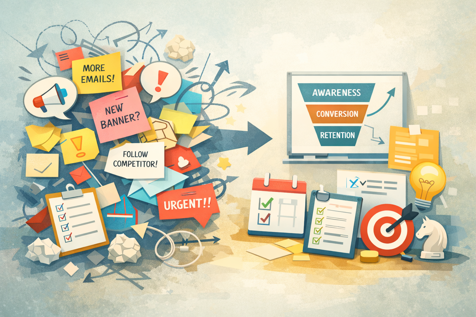 Illustration showing a chaotic cluster of marketing demands and stakeholder requests on the left—sticky notes, arrows, and urgent messages—transitioning into a calm, structured marketing plan on the right with a funnel, checklist, and clear priorities.
