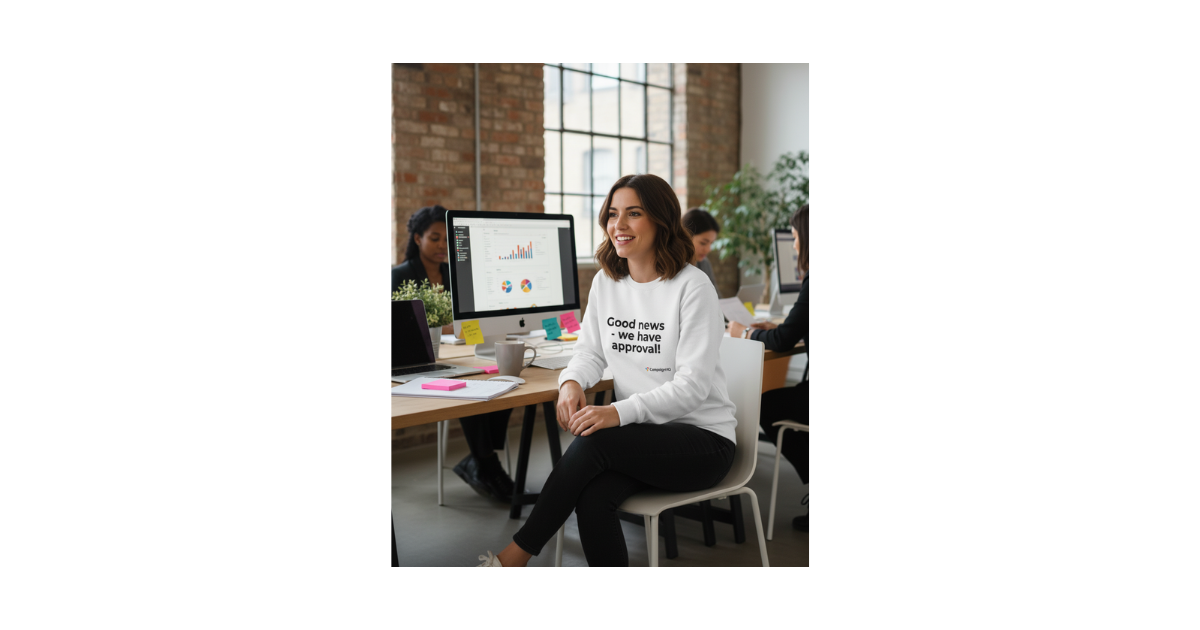 Lady wearing a Campaign HQ Sweater in an office