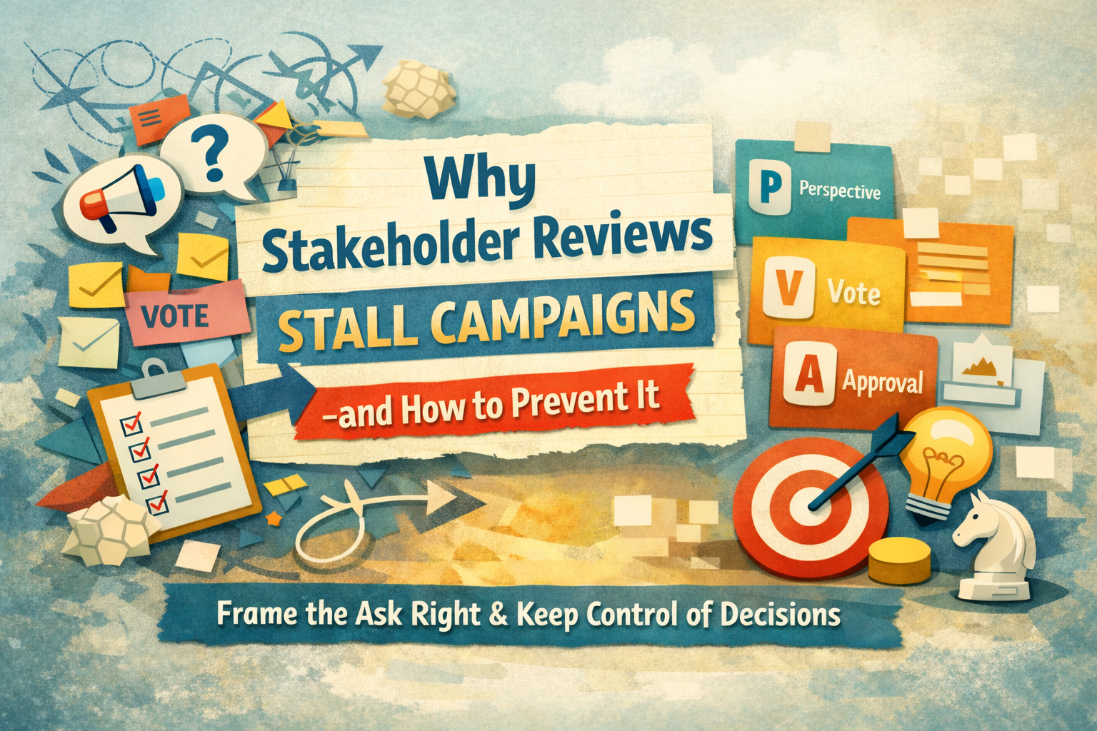 llustration showing chaotic stakeholder feedback on the left and a structured decision framework on the right, with the headline “Why Stakeholder Reviews Stall Campaigns — and How to Prevent It” and visual cards for Perspective, Vote and Approval.