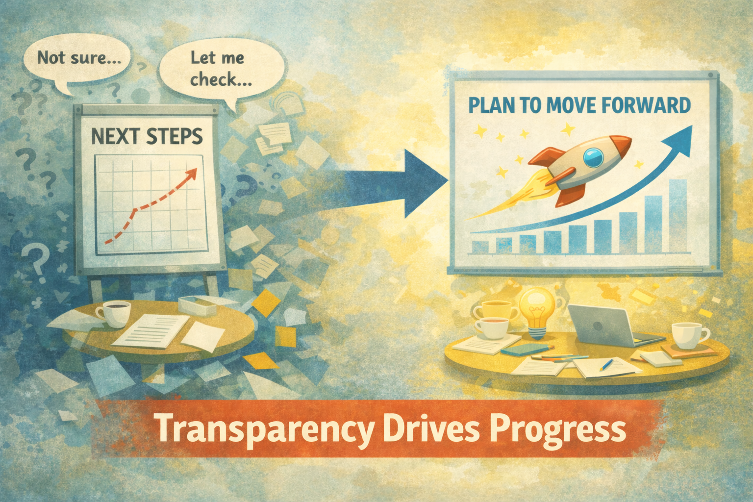 Illustration showing a shift from messy, uncertain work to a clear plan for moving forward, representing transparency driving progress.