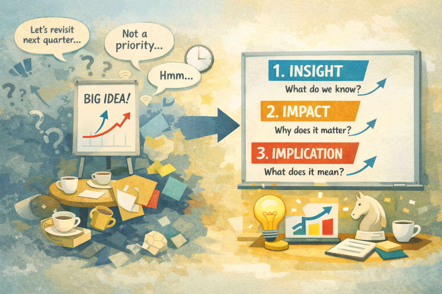 Illustration contrasting messy marketing ideas with a clear I³ Framework showing Insight, Impact, and Implication.